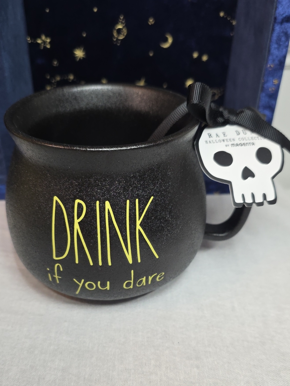 Rae Dunn Black Caldrun Mug with Yellow 'DRINK if you dare' Text